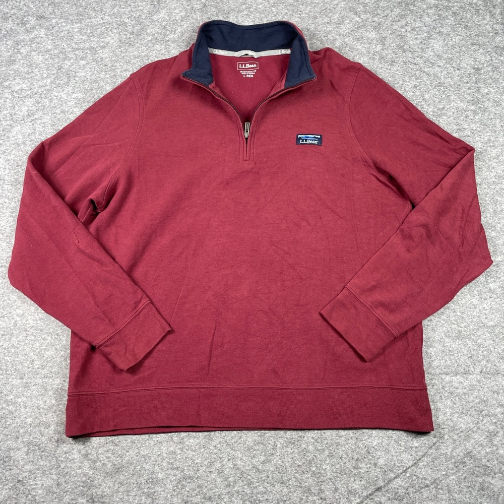 LL Bean Pullover Mens L Burgundy Traditional Fit Pique Knit Quarter Zip